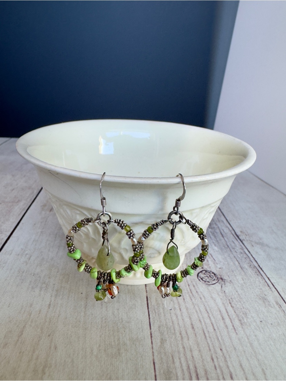 Sterling Silver Hoops with mixed natural gemstones-Hand Crafted